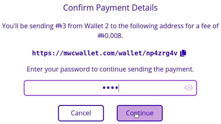 MimbleWimble Coin Web Wallet Confirm Payment Details